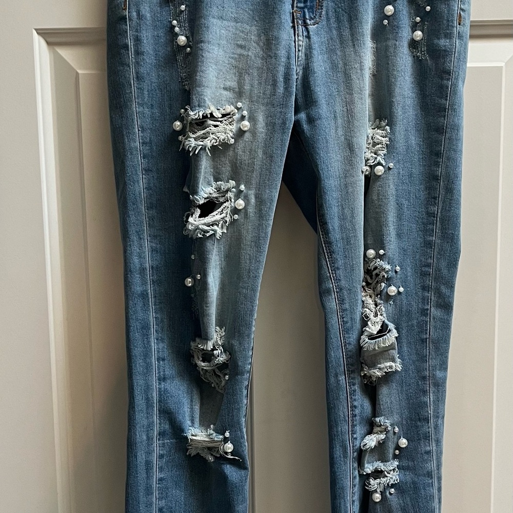 Blue Straight Leg Distressed Jeans